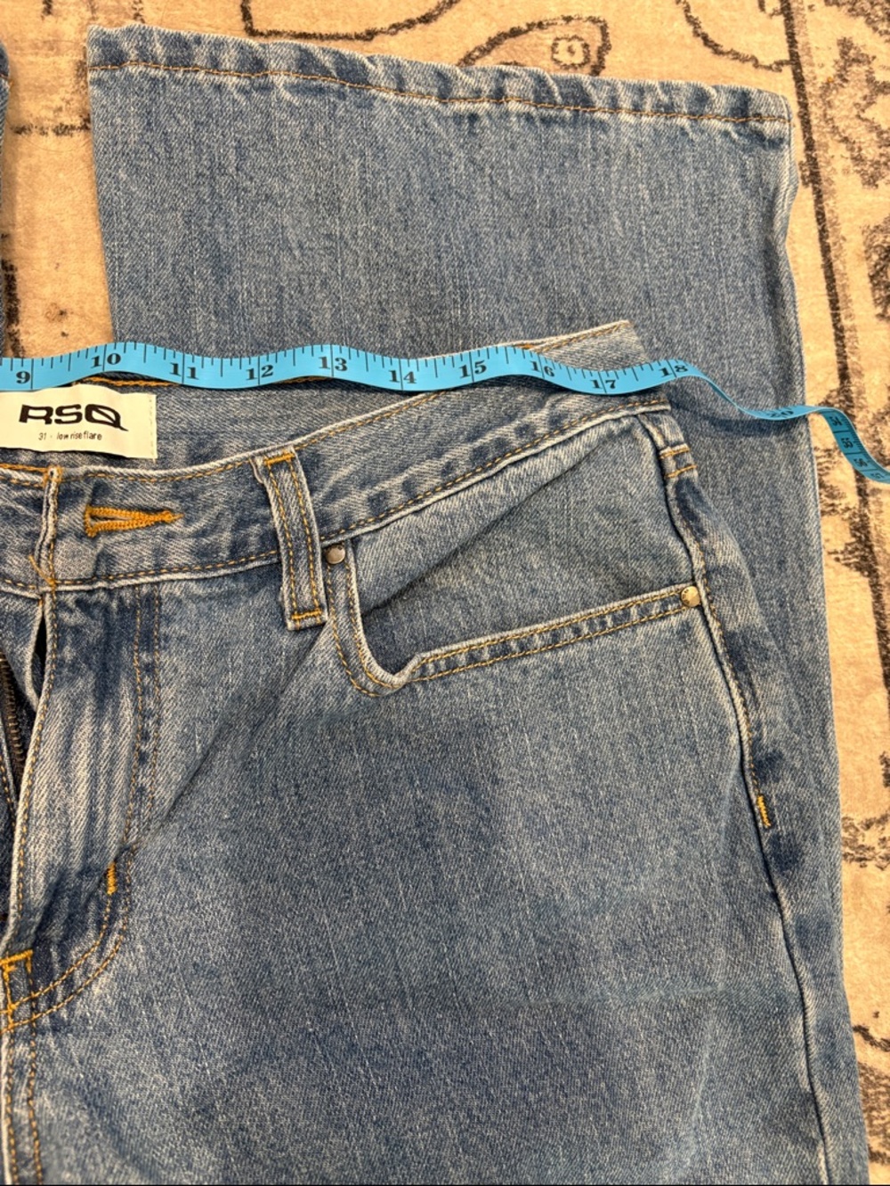 Y2K style RSQ Light Blue Denim Jeans/Yellow Contrast Stitching? Low rise flare - Picture 3 of 5